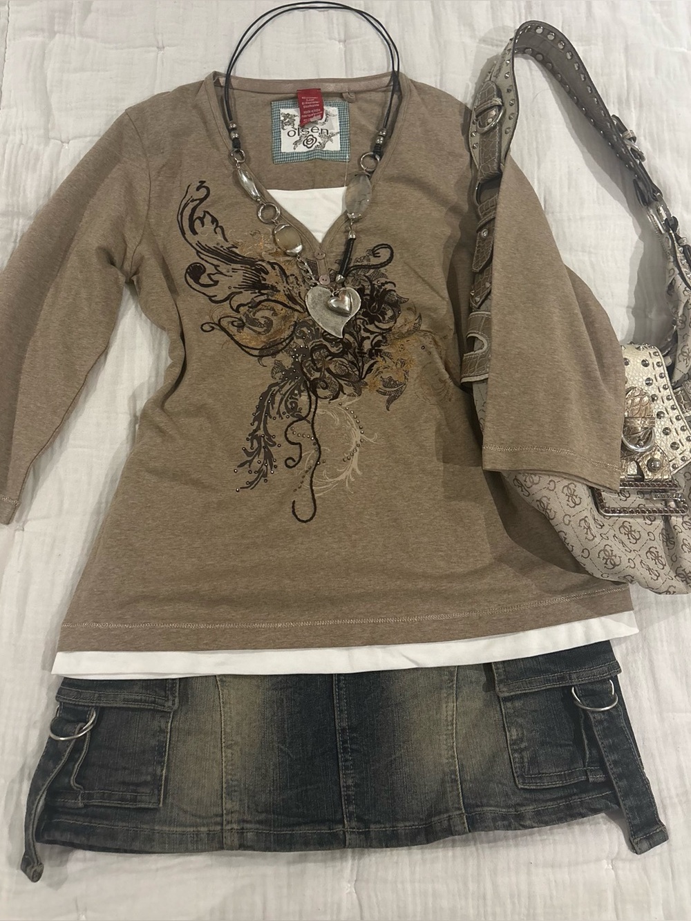 Y2K vintage quarter-sleeve taupe top